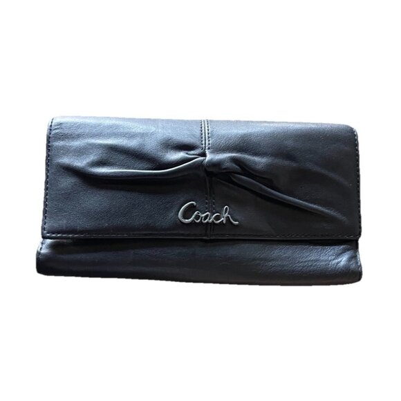 Coach Designer Black Gray Multi Pocket Flap Over Wallet Coin Zipper Pocket SZ 8” - Picture 1 of 16